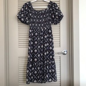 LC Lauren Conrad Navy Floral Smocked Midi Dress Women Size Medium